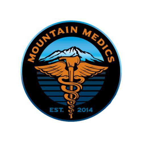 A Mountain Medics logo with a caduceus and a mountain in the background