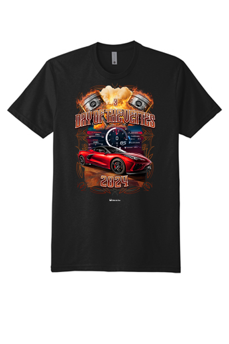 A black t-shirt with a red car on it.