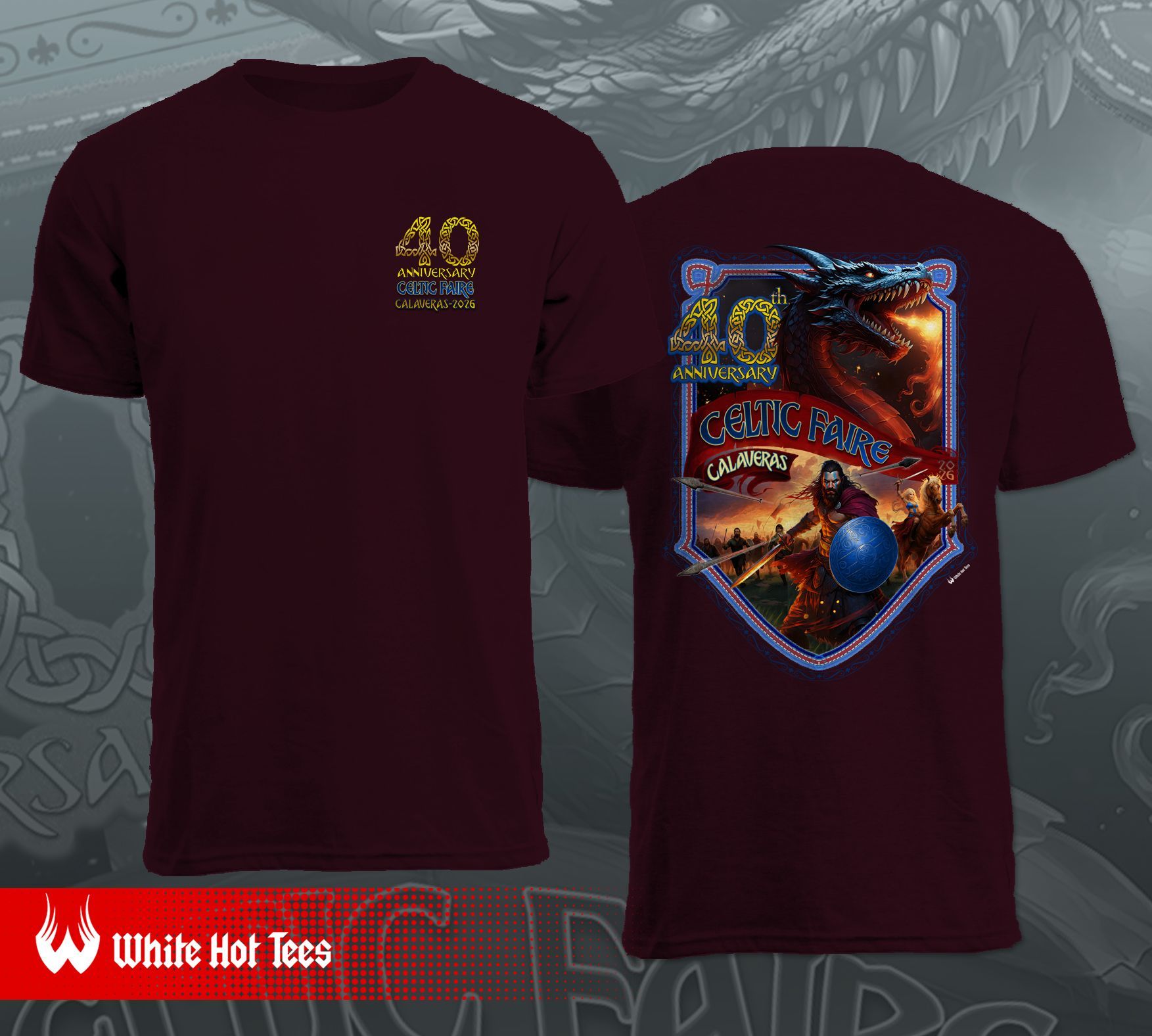 Maroon t-shirt with a dragon and knight graphic, celebrating 40 Years. The front features a small logo.