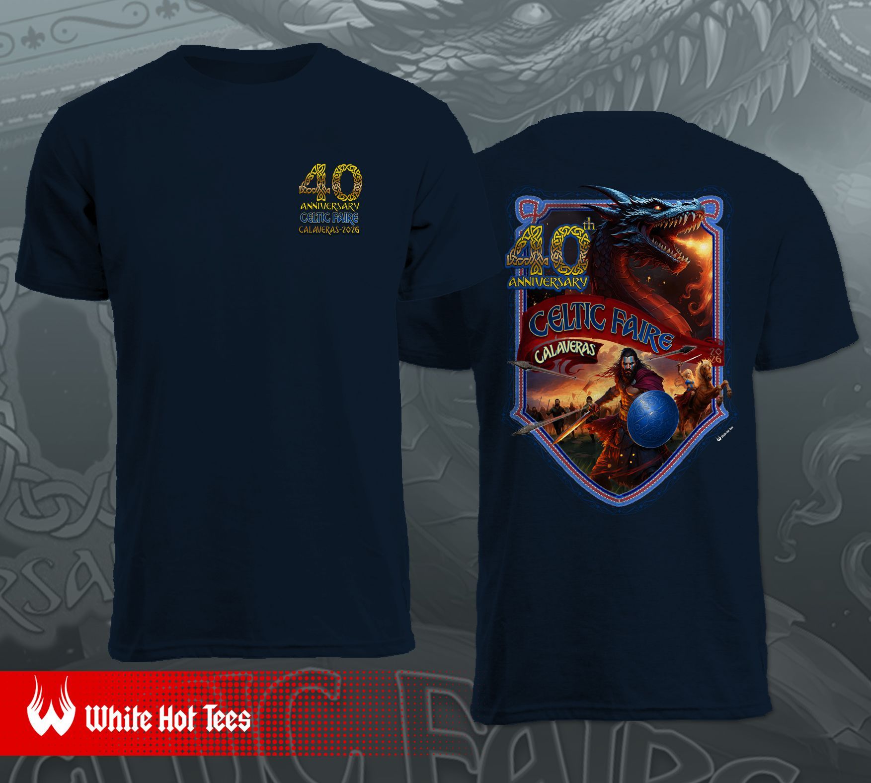 Dark blue t-shirt with a front logo: 40 Years and a back logo with a dragon, warrior, and banner.