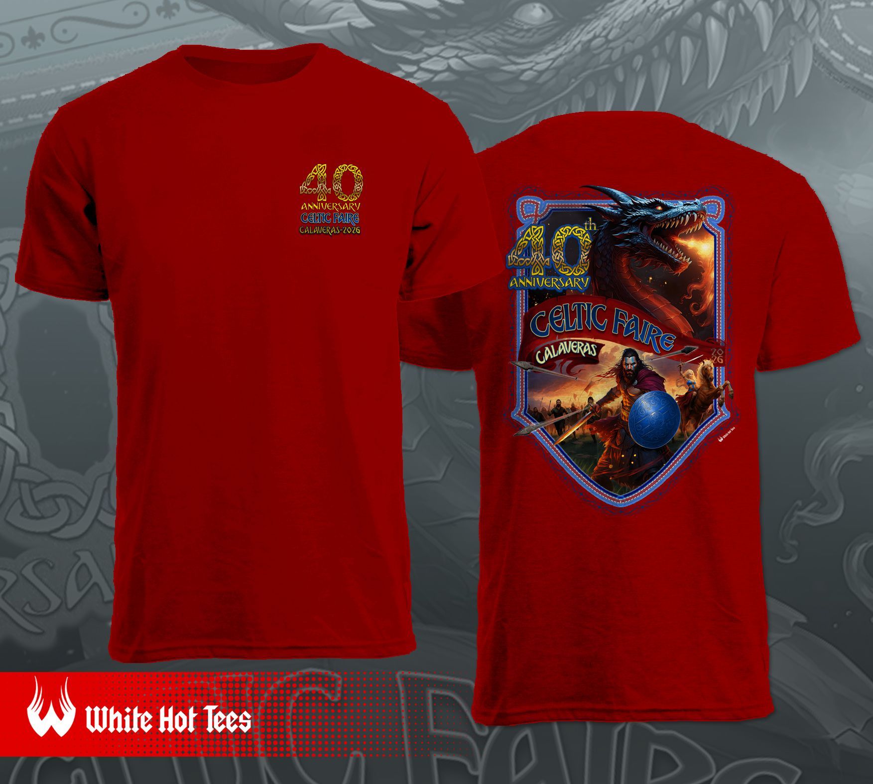 Red T-shirt with front logo 40 and back design of a dragon, wizard, and globe.