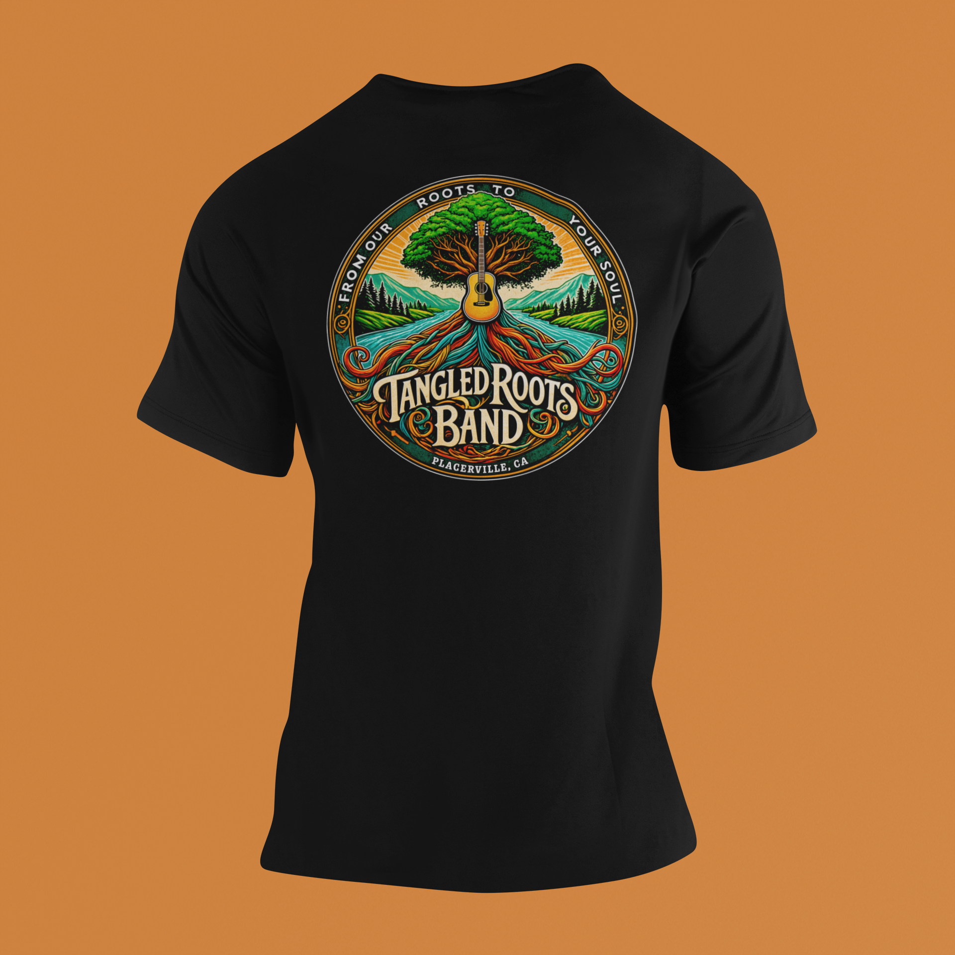The back of a tangled roots band t-shirt