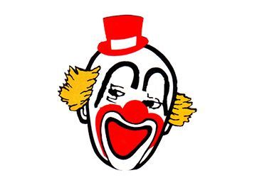 A clown face with yellow hair, a red top hat, and a wide red smile on a white background.