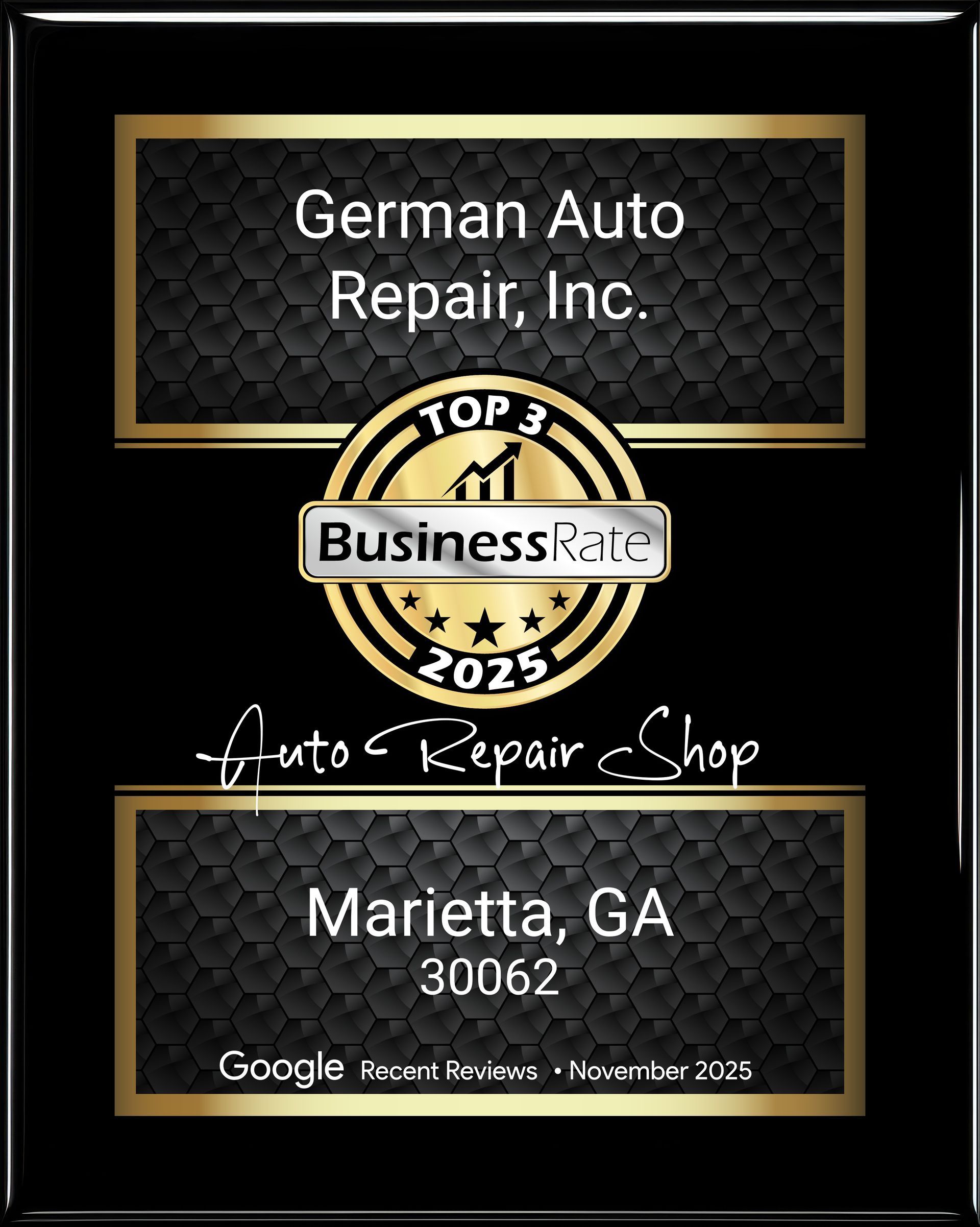 Plaque for German Auto Repair in Marietta, GA, awarded as a top repair shop in 2025 by Business Rate.