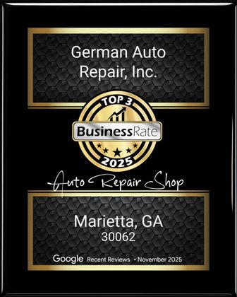 Plaque for German Auto Repair in Marietta, GA, awarded as a top repair shop in 2025 by Business Rate.