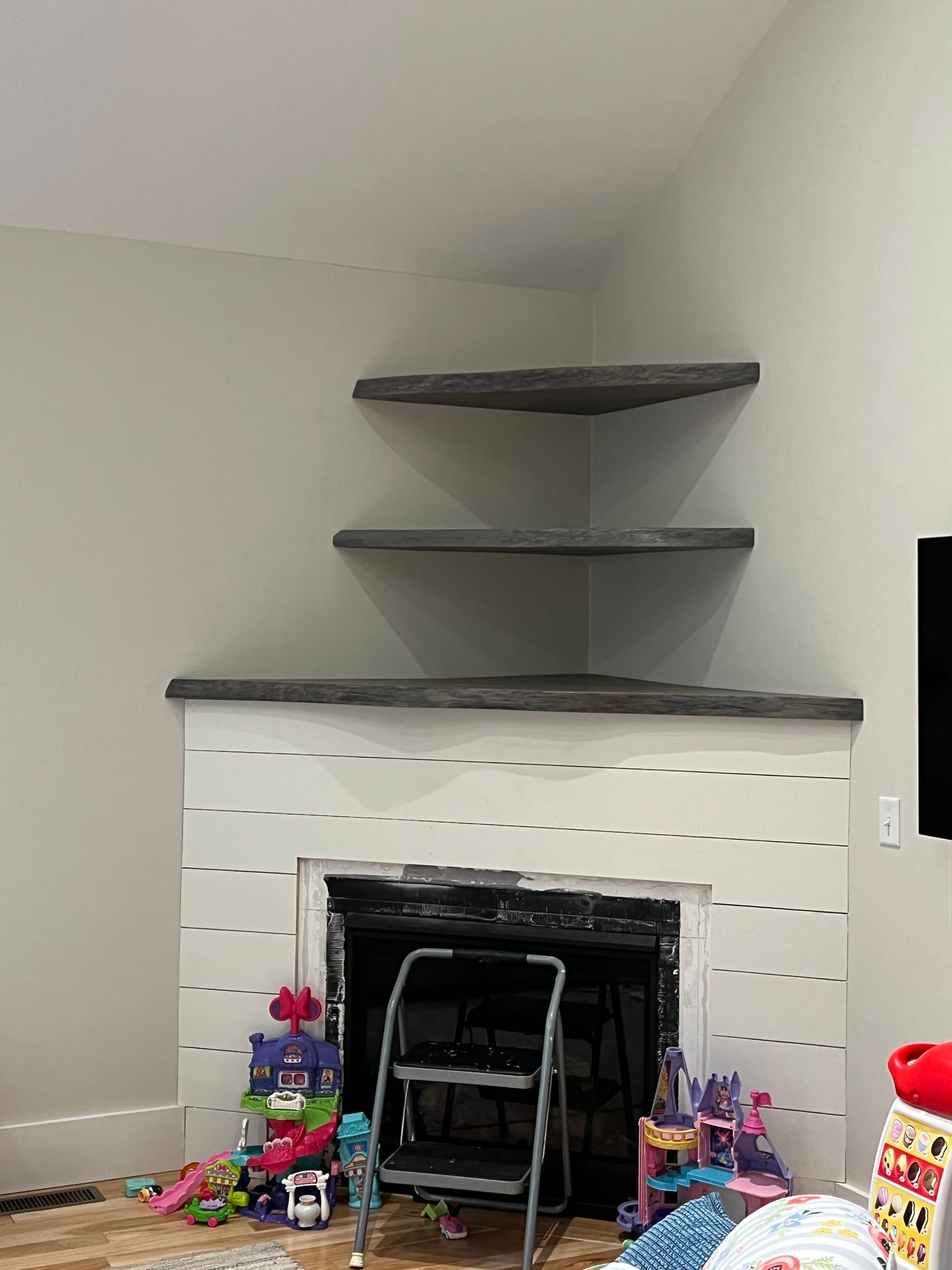 A living room with a fireplace and shelves in the corner.