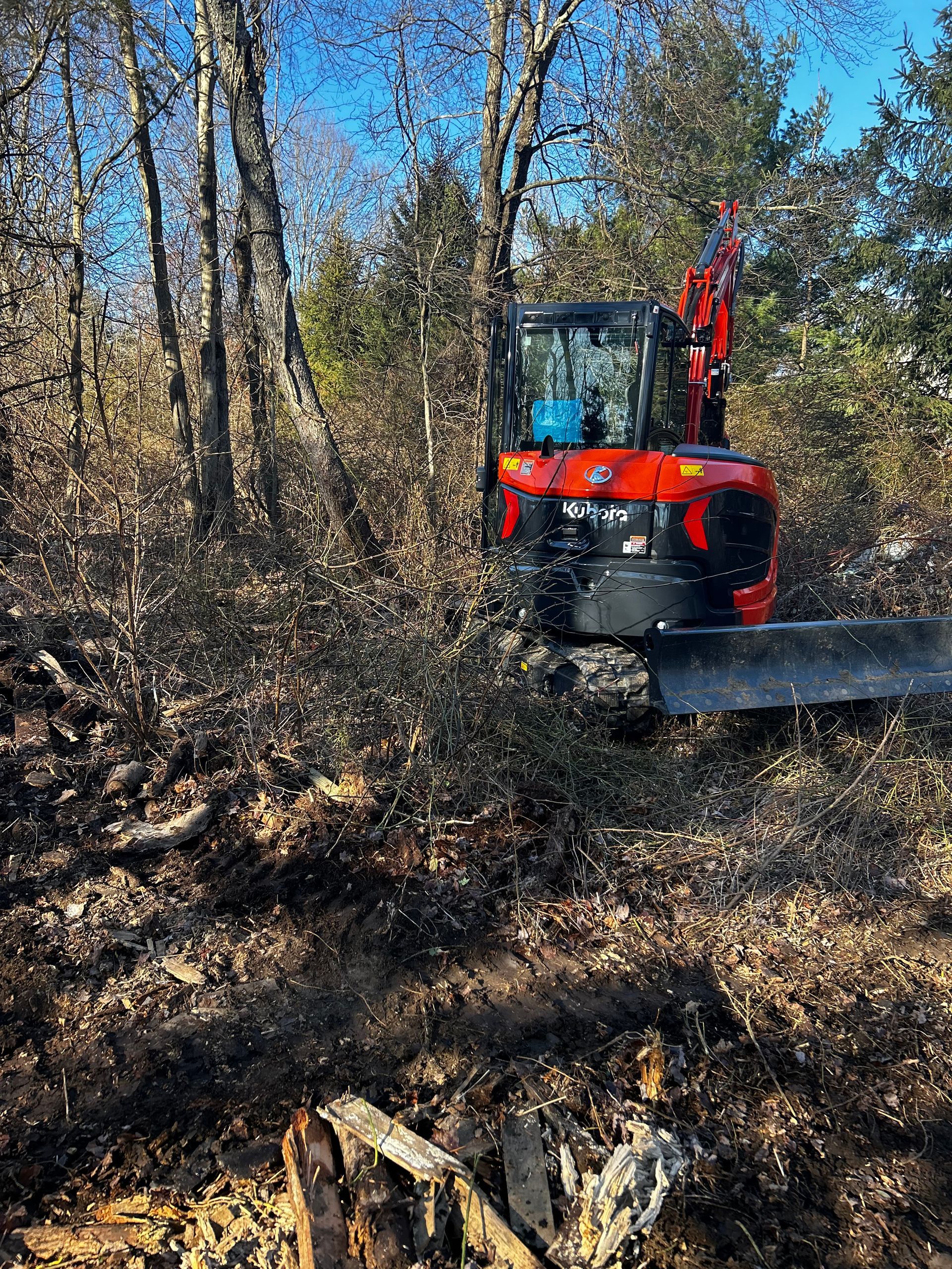 A red bulldozer is driving through a forest.