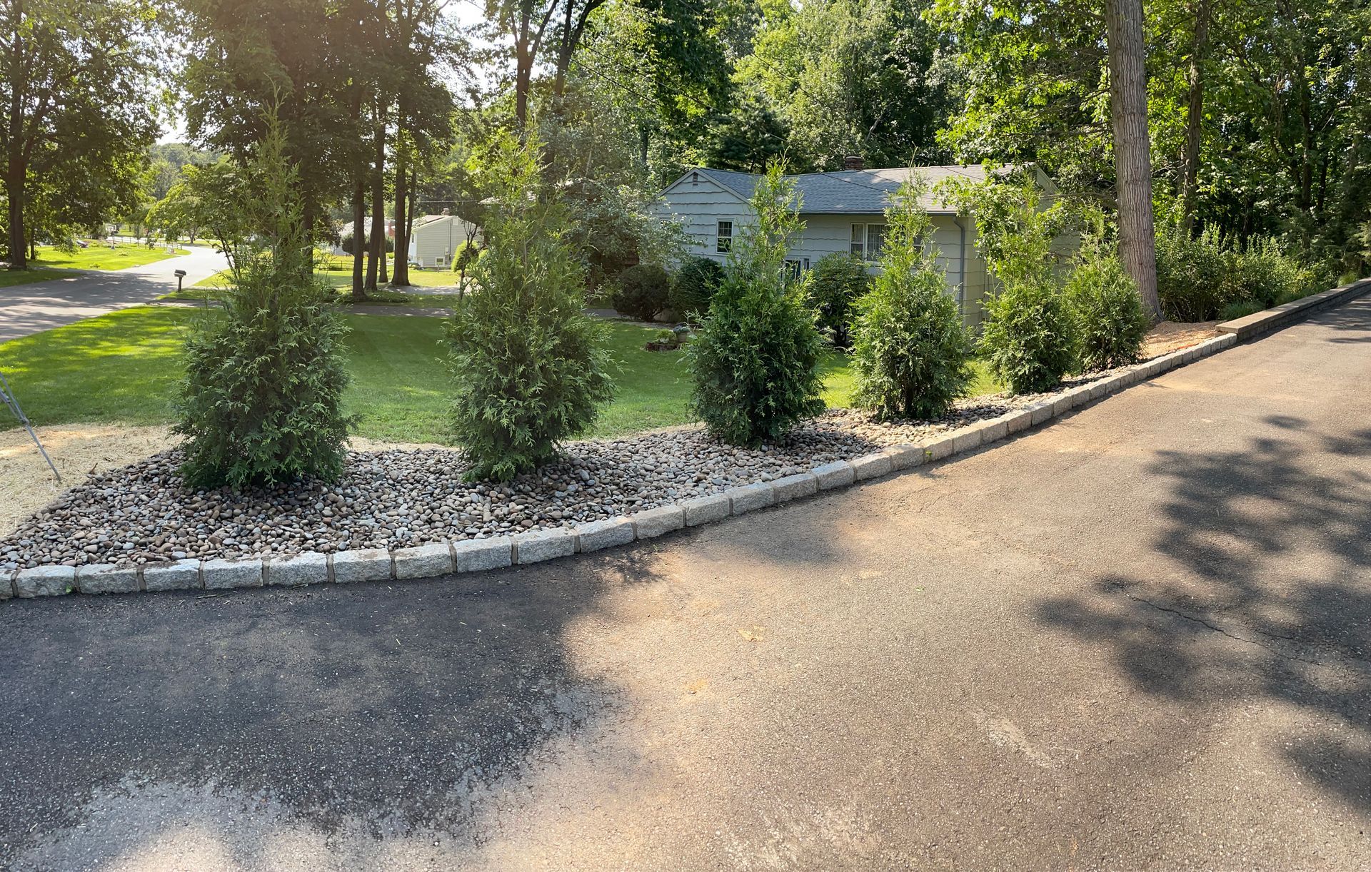 A driveway leading to a house surrounded by trees and bushes.