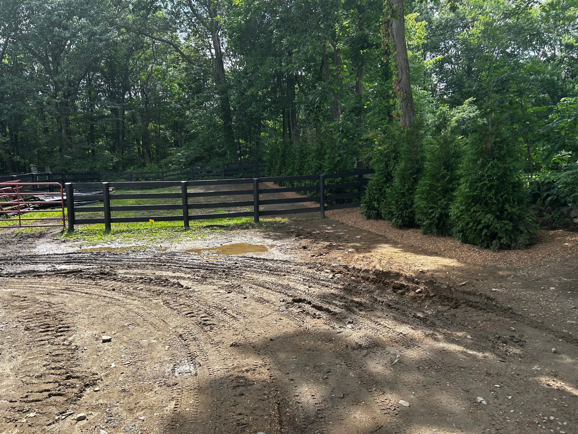 A muddy field with a fence and trees in the background.