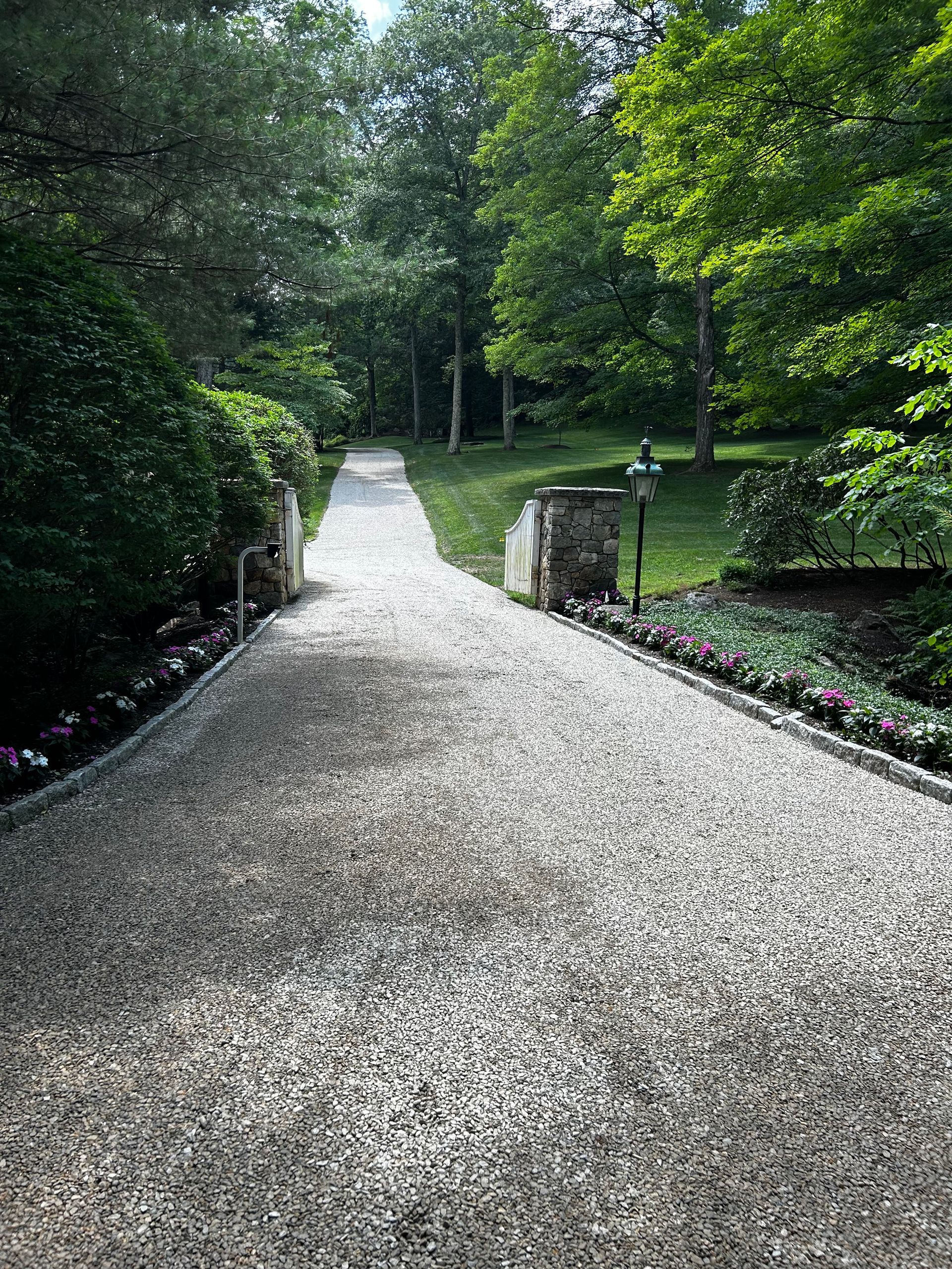 A gravel driveway leading to a house surrounded by trees and bushes.