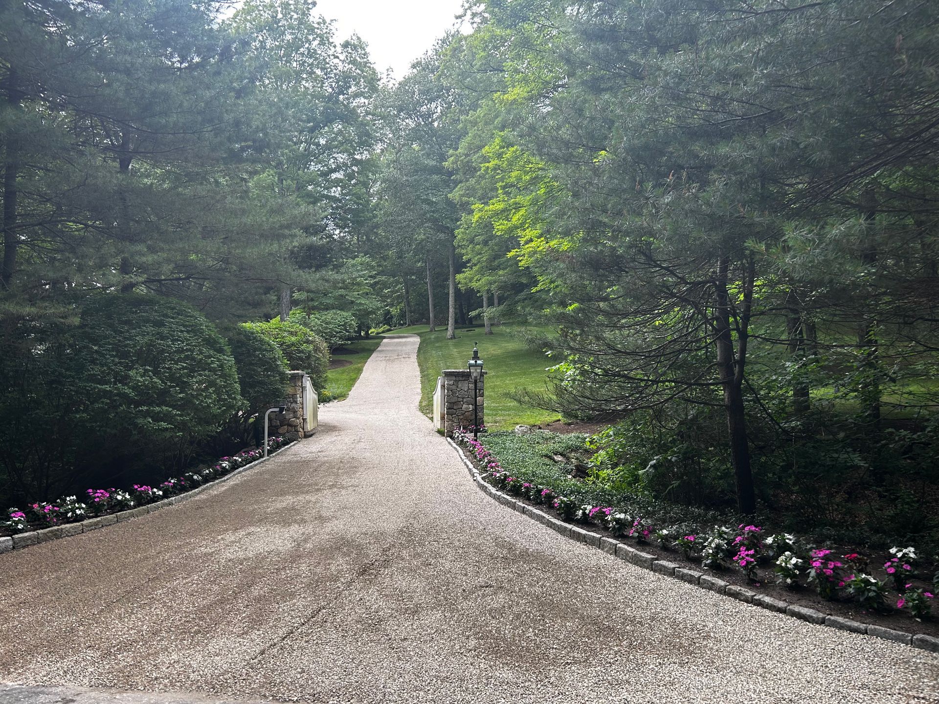 A gravel driveway is surrounded by trees and flowers.