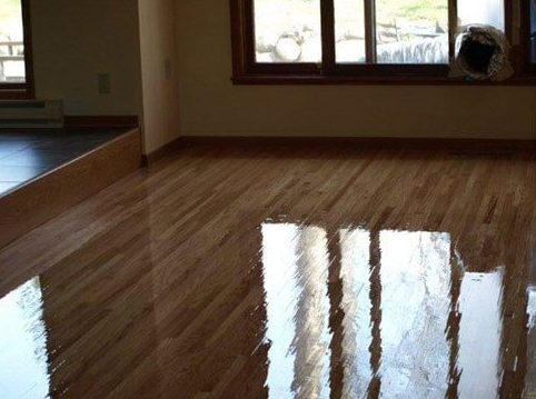 Reflective wooden floor with sunlight, near a window.