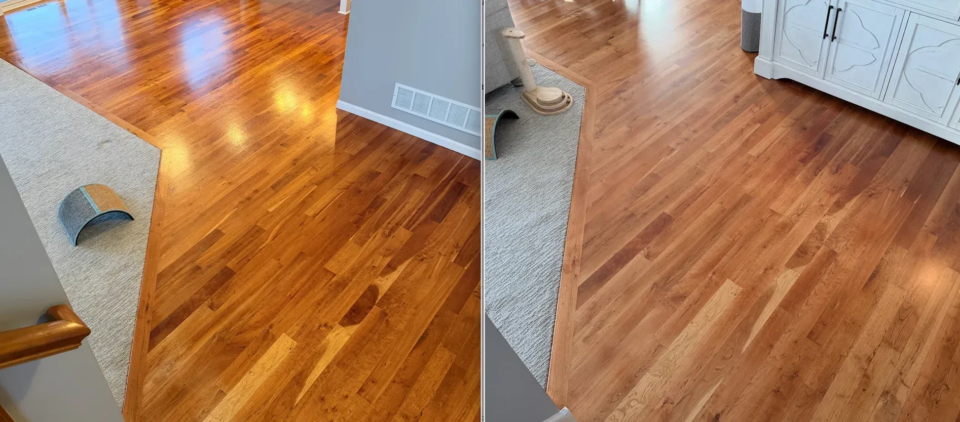 Wooden floors in a home, with a light-colored carpet and a decorative piece on a stair.