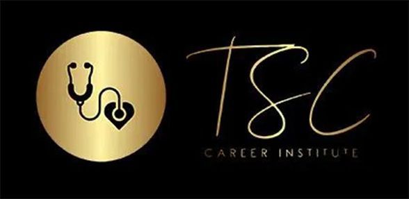 Logo with gold circle and stethoscope, and gold script "TSC Career Institute" on black background.