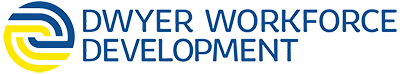 Logo for Dwyer Workforce Development; blue and yellow interlocking design, blue text.