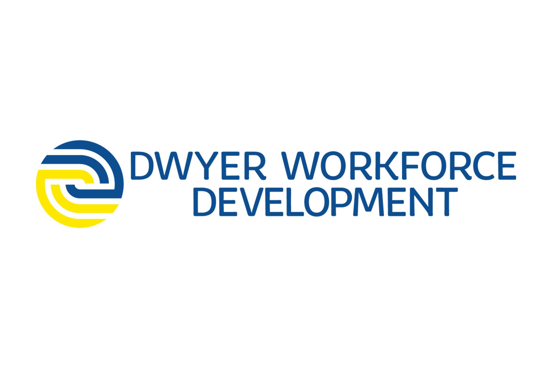 Logo for Dwyer Workforce Development; blue and yellow interlocking design, blue text.