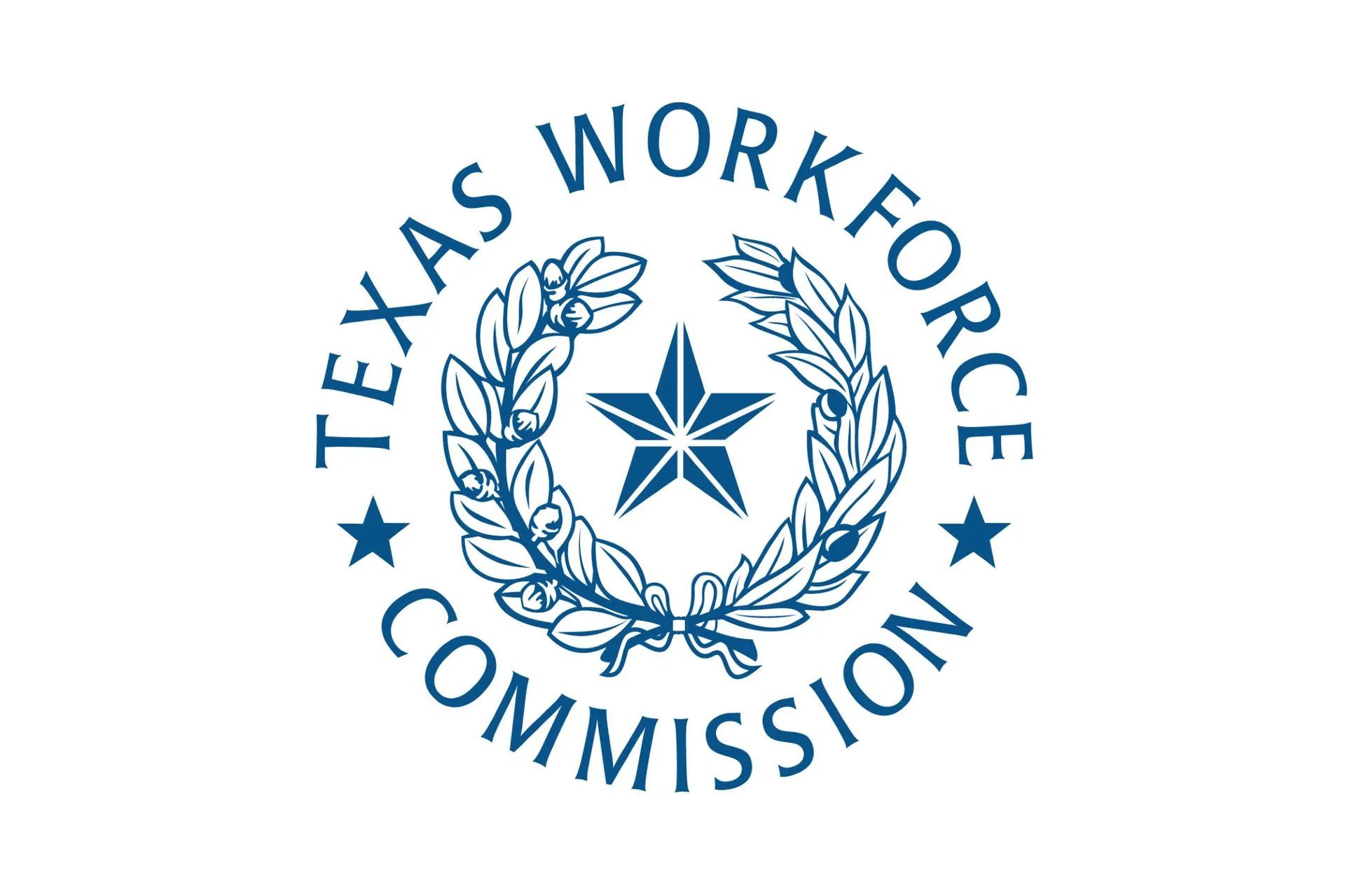 Texas Workforce Commission logo: blue star within a wreath, surrounded by text on white.