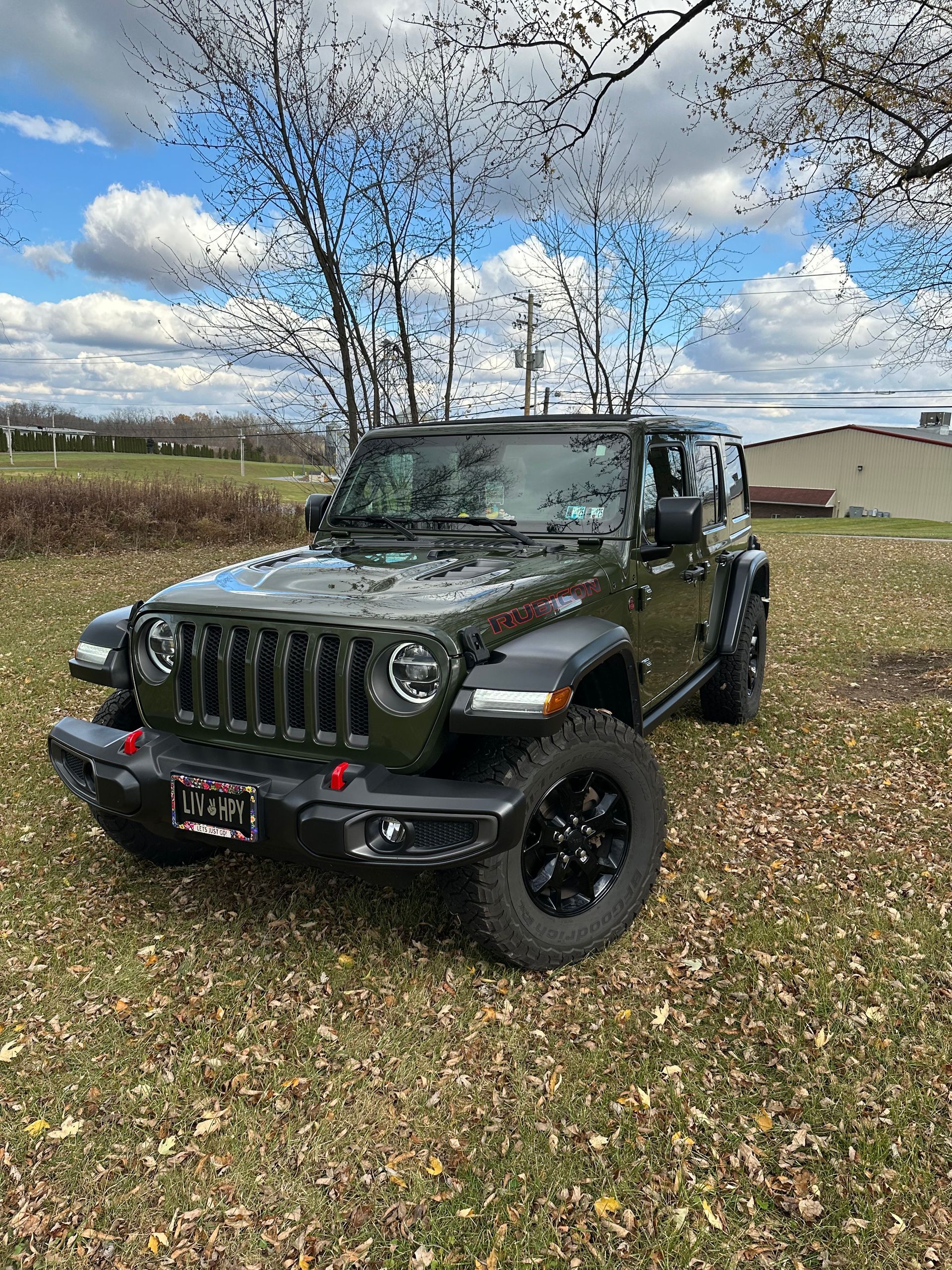 Green Jeep Wrangler Rubicon parked on grass, autumn landscape in background.