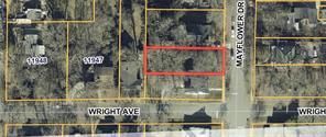 Aerial map view showing a red-outlined vacant property at the intersection of Wright Ave and Mayflower Dr.