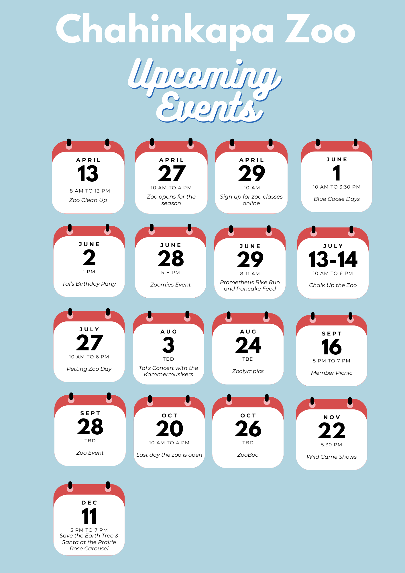 a calendar showing the upcoming events at the cahinkapa zoo .