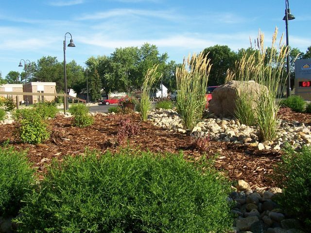 A garden with lots of plants and rocks and a building in the background