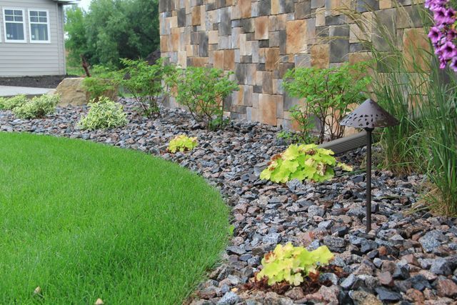 A garden with a lot of rocks and plants in front of a house.