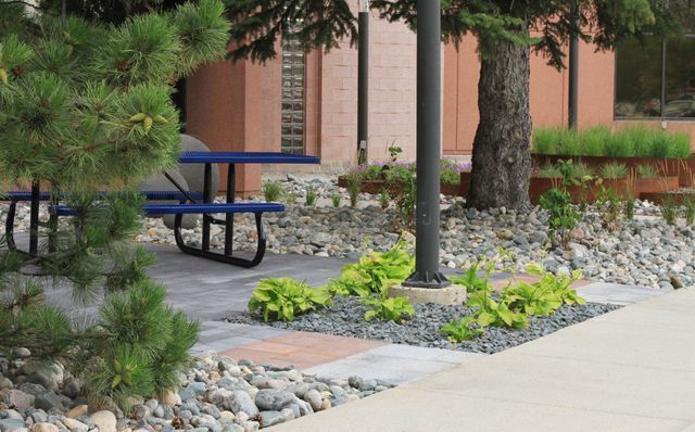 A blue picnic table is surrounded by rocks and trees