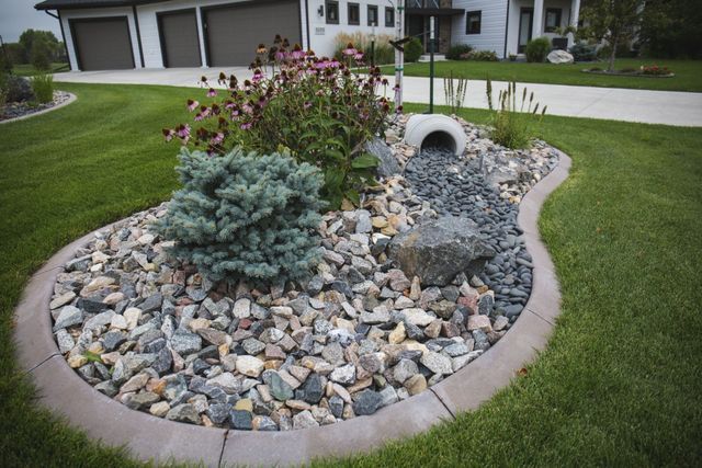 A garden with rocks and plants in front of a house
