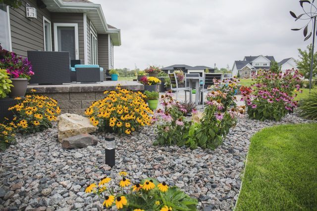 A garden with flowers and rocks in front of a house.
