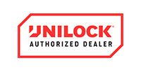 A red and white logo for a unilock authorized dealer.