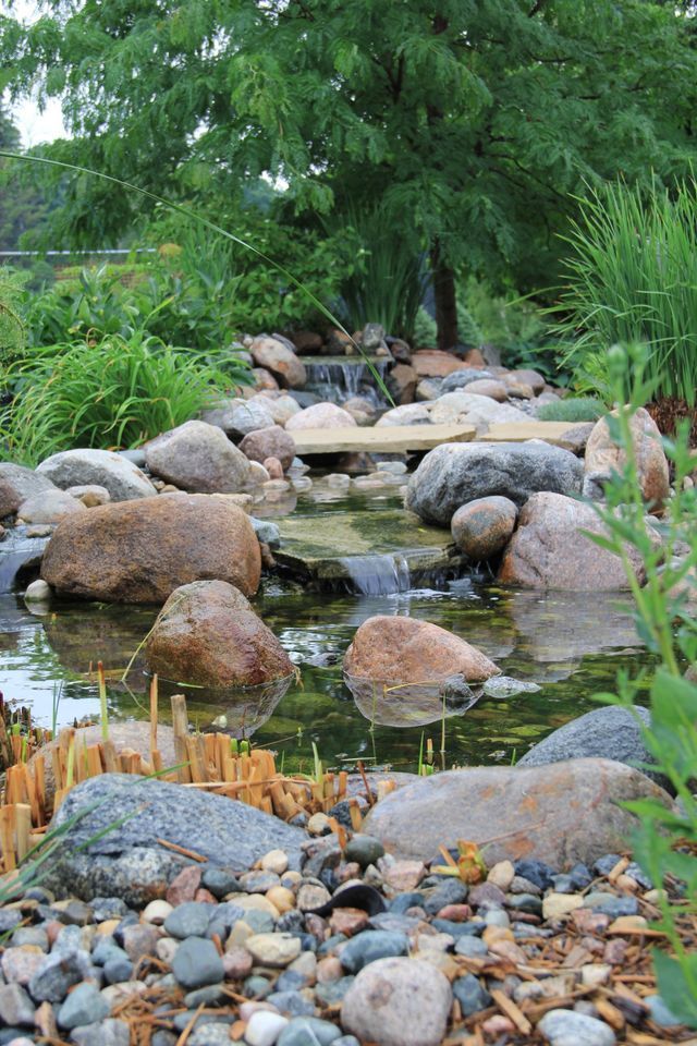 A pond surrounded by rocks and trees with a waterfall in the background.