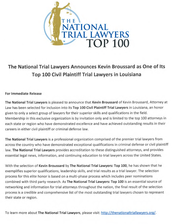 Press release from The National Trial Lawyers Top 100 announcing Kevin Brodusa as a Top 100 Civil Plaintiff Trial Lawyer in Louisiana