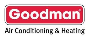 Goodman logo in white text on a red rectangular background, with
