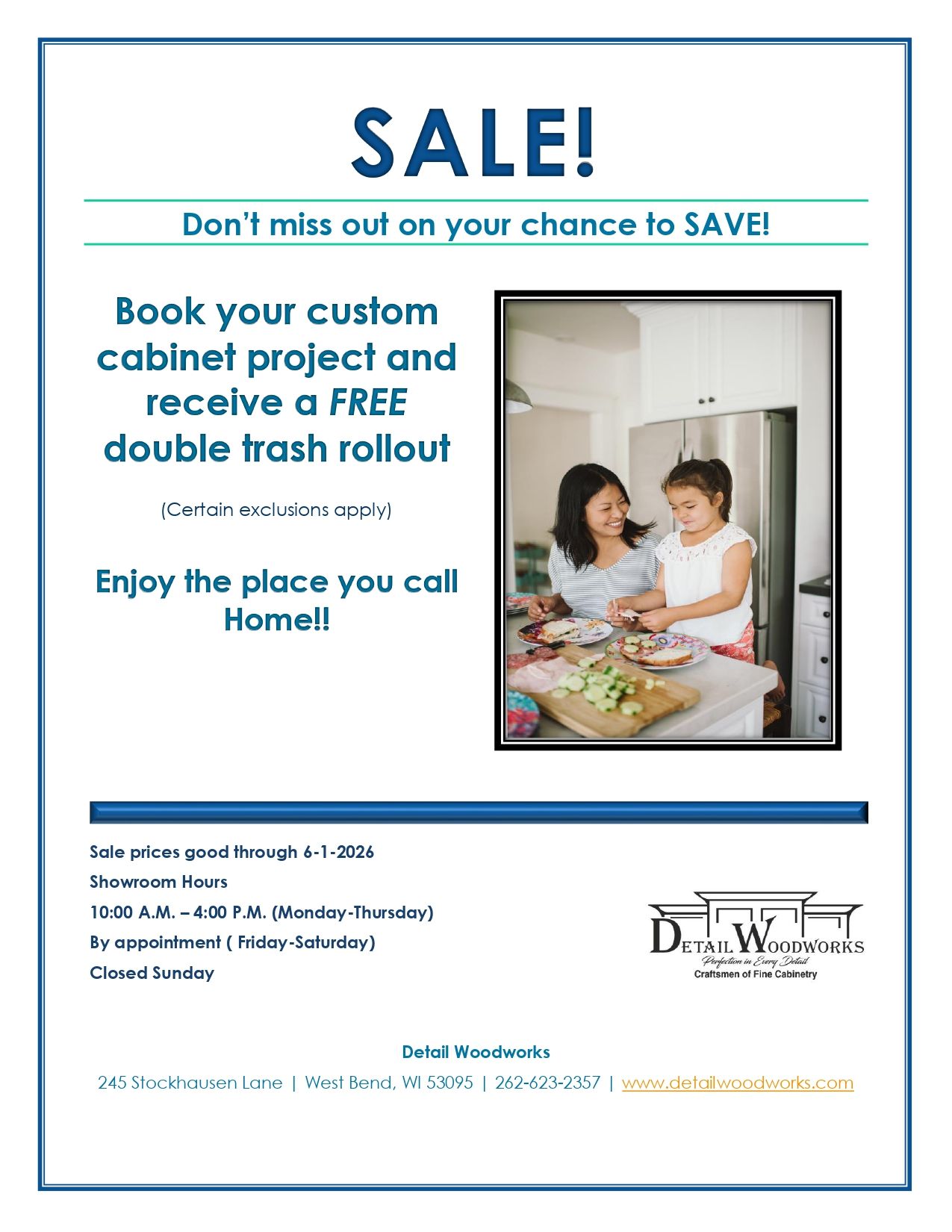 Blue-and-white sale flyer for custom cabinet projects, featuring a happy couple in a kitchen.
