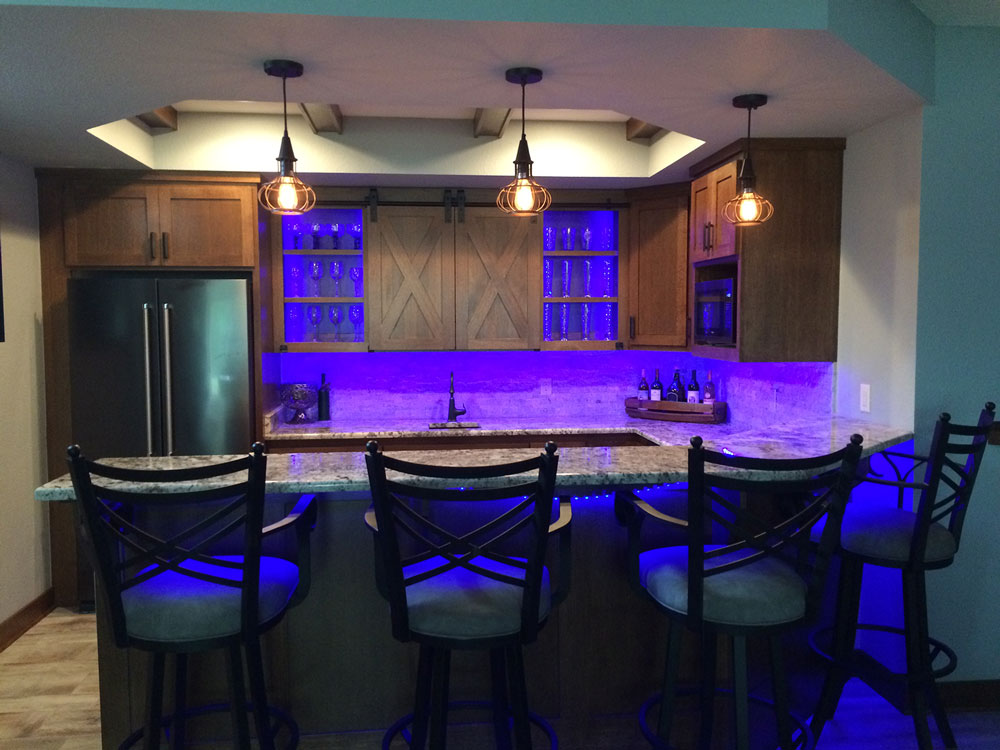 Kitchen bar with blue lights