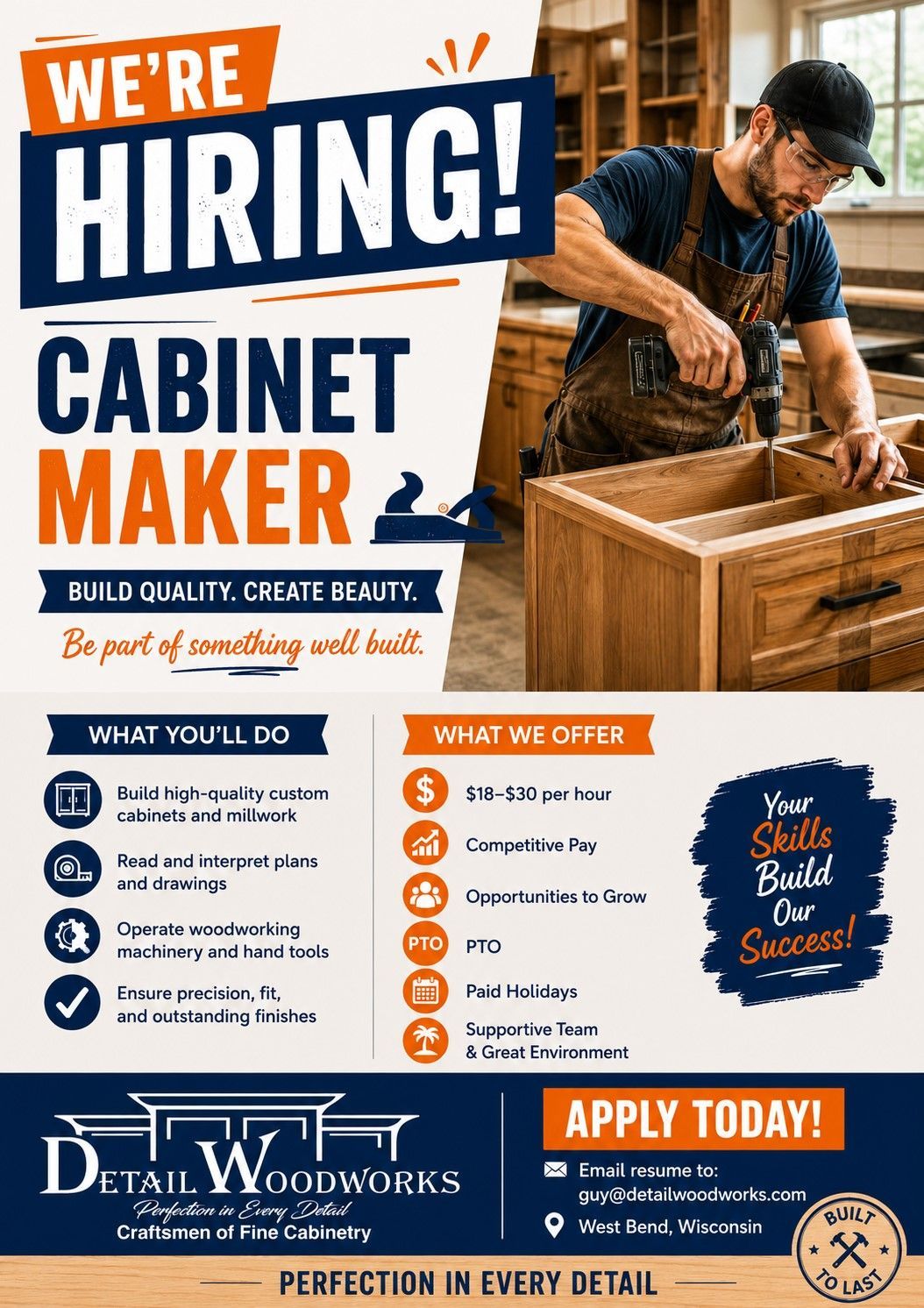 Hiring flyer for cabinet maker, with a worker building a wood cabinet, and a list of duties and benefits.