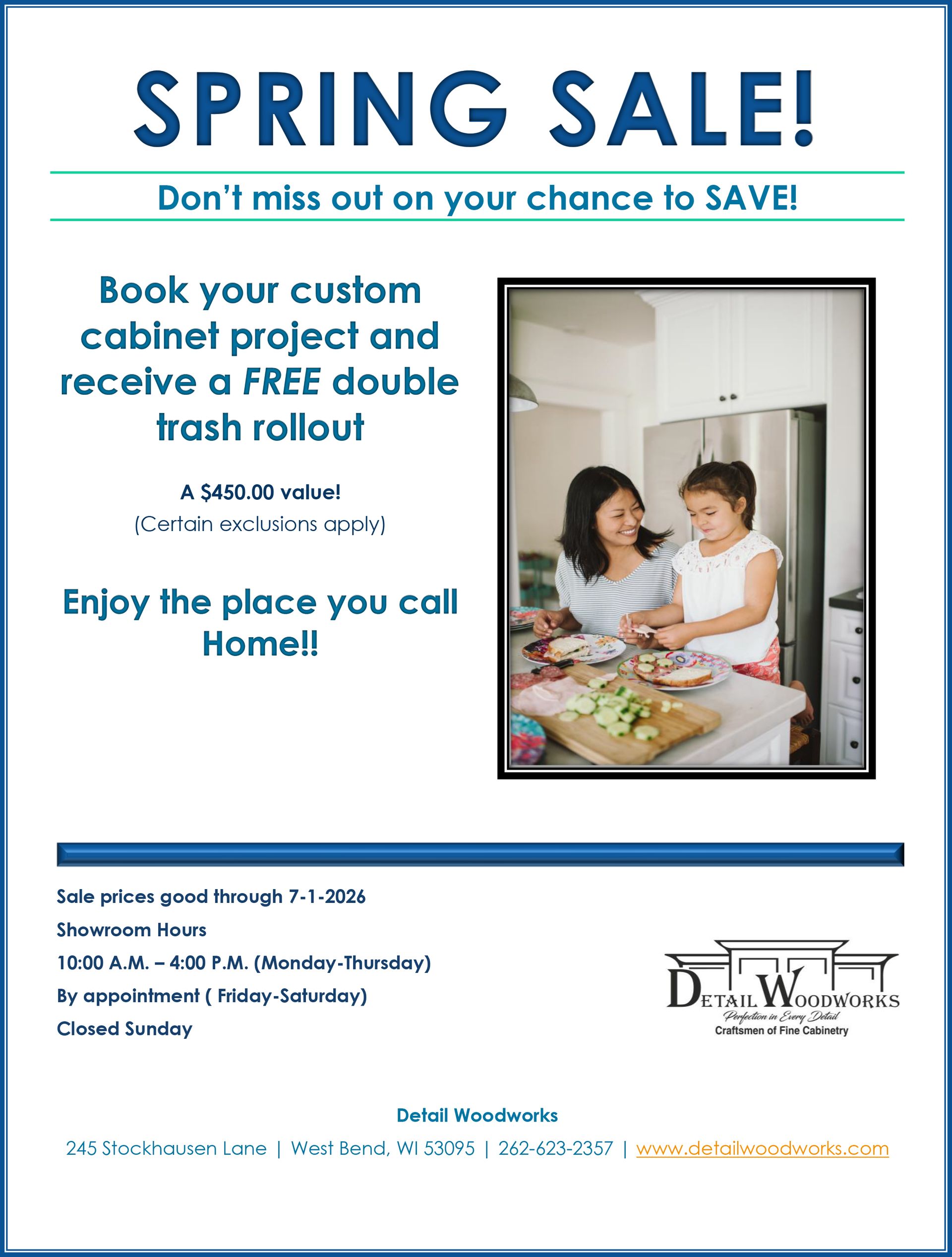 Blue-and-white sale flyer for custom cabinet projects, featuring a happy couple in a kitchen.