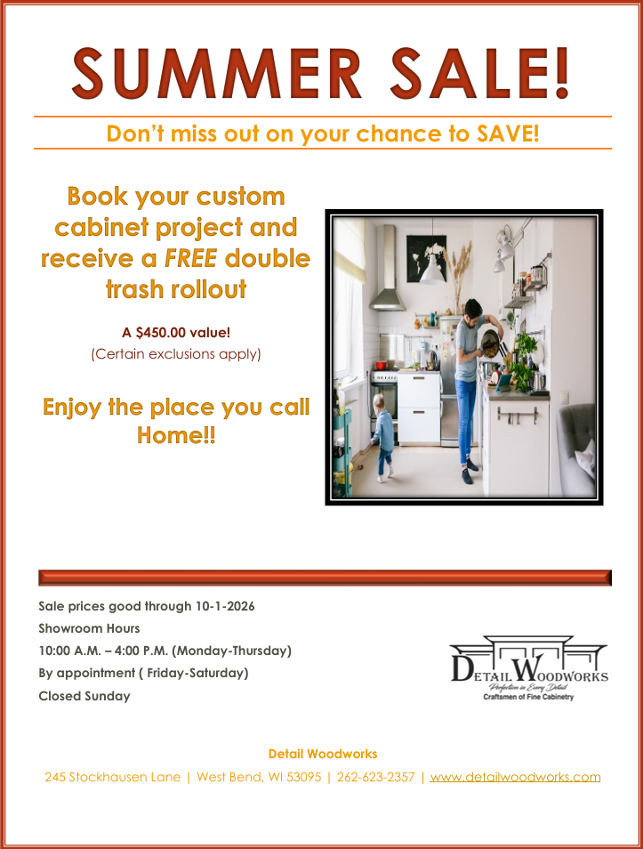Summer sale flyer for a free double beach towel with cabinet purchase, featuring a coastal home interior.