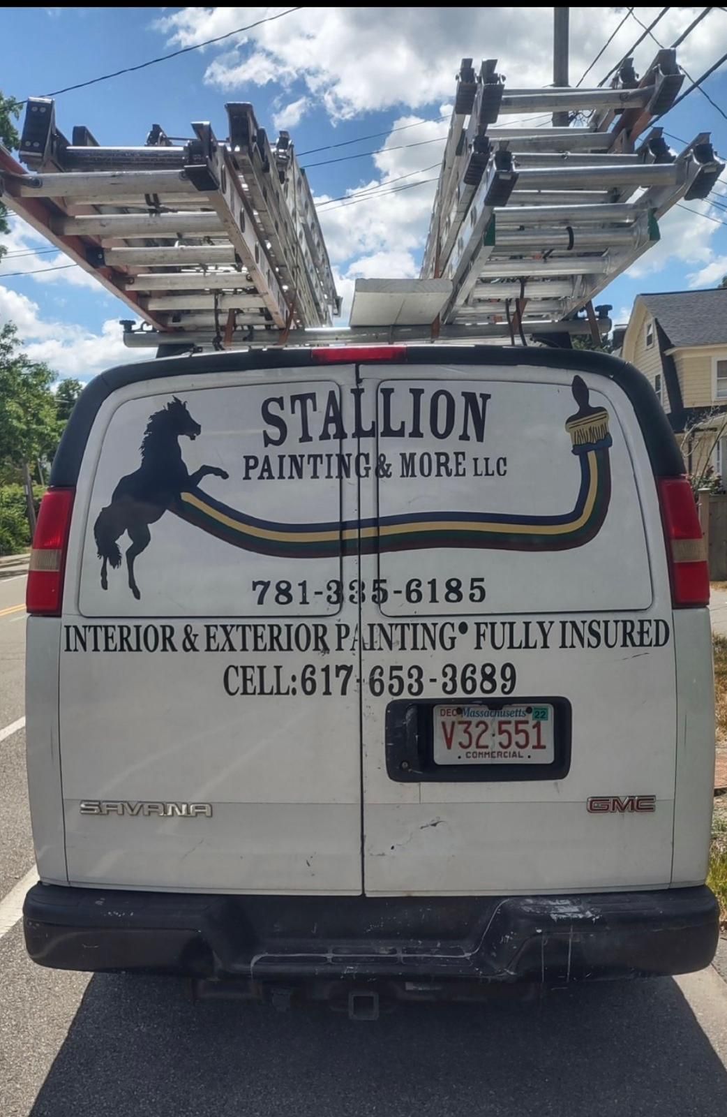 White van with “STALLION PAINTING LLC” and ladders on top, parked on a street.