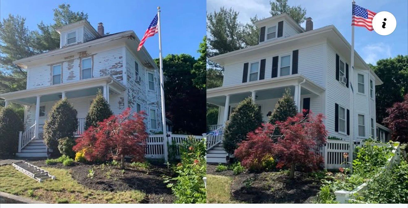 Side-by-side view of a white house with a porch and flagpole, before and after landscaping changes