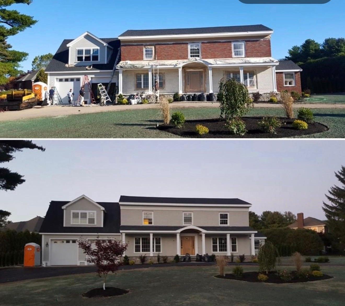 Two-story suburban house shown in bright daylight and at dusk, with a driveway and front lawn.