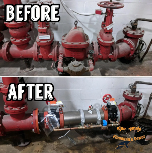 Before-and-after of industrial pipes. Red pipes with valves and meters upgraded to new gray and copper components.