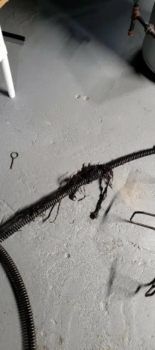 Black, frayed electrical cord on a gray concrete floor.