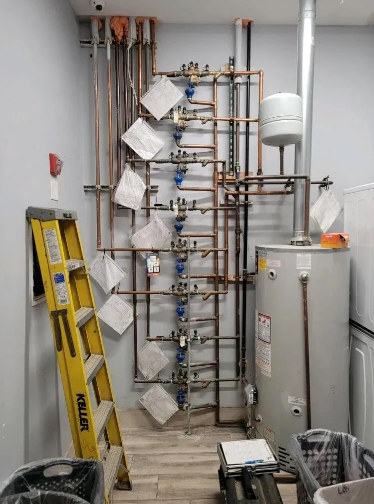 Plumbing pipes and valves against a wall with a water heater, expansion tank, and ladder.