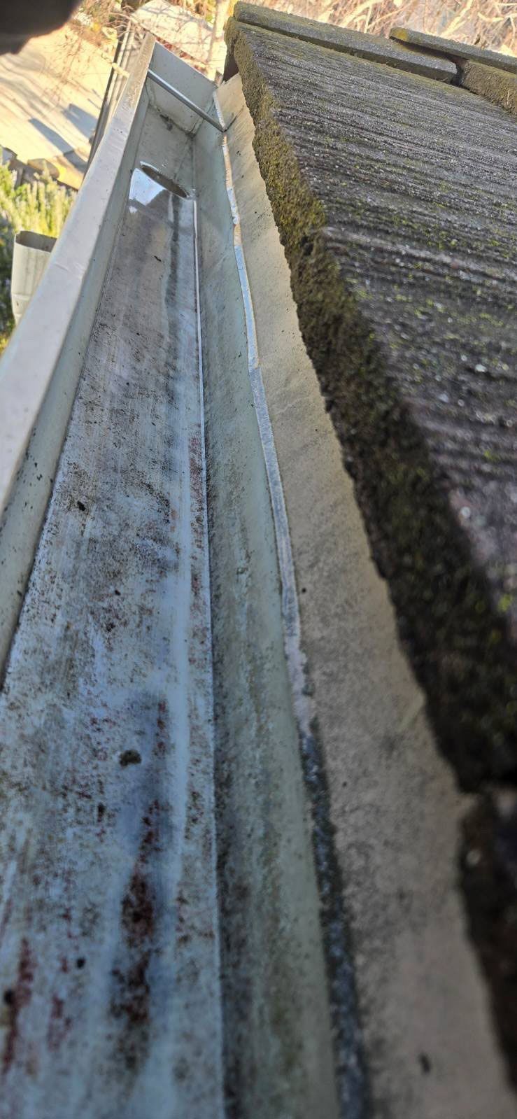 A close-up of a dirty rain gutter next to a mossy roof. The gutter is full of debris.