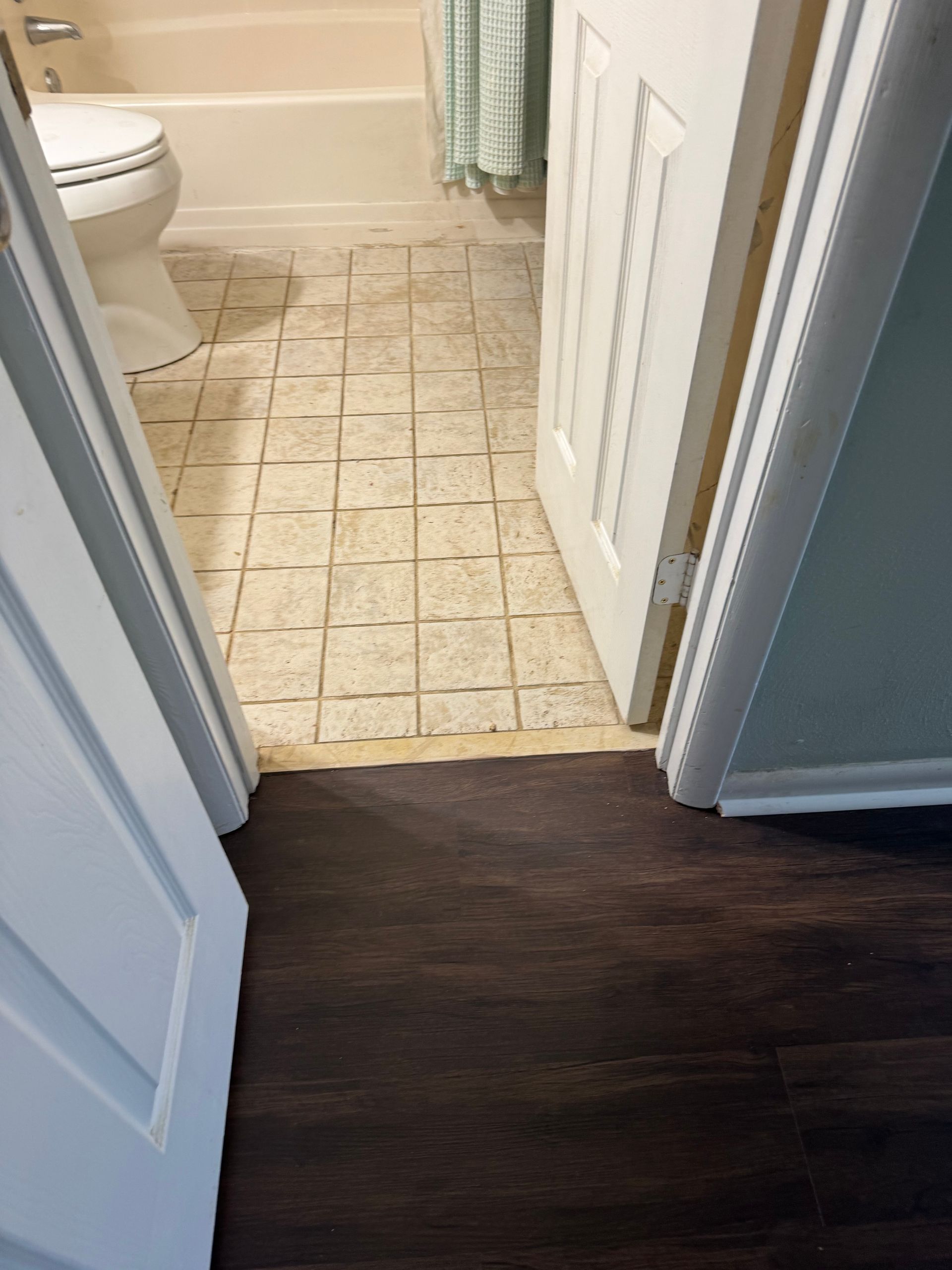 Bathroom doorway with dark wood floor meeting beige tile, and a toilet visible inside.