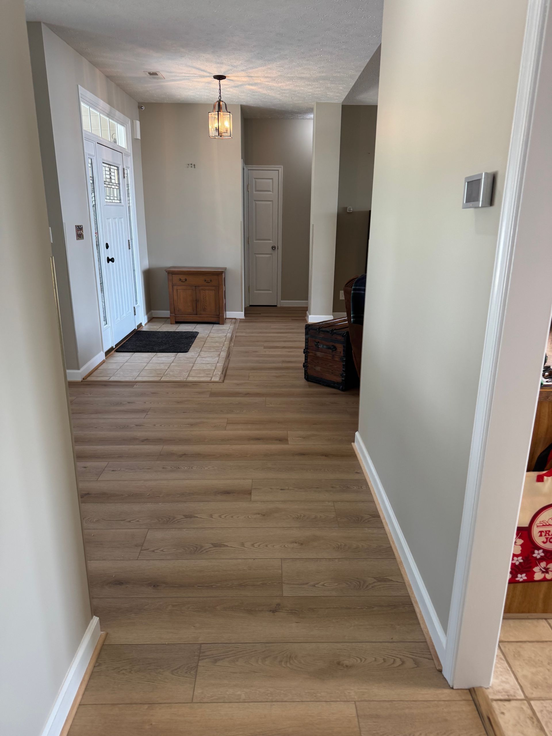 Long hallway with wood floors, white walls, a door, and small furniture near the far end.