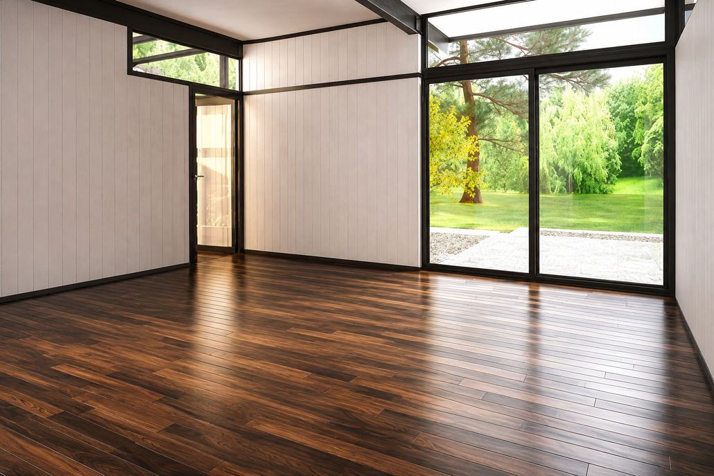 Empty modern room with dark wood floors and large windows overlooking a green garden