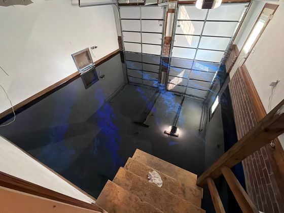 Flooded garage interior with dark water, open garage door, and wooden steps in the foreground