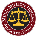 Circular gold-and-maroon “Multimillion Dollar Advocates Forum” logo with scales of justice and star border